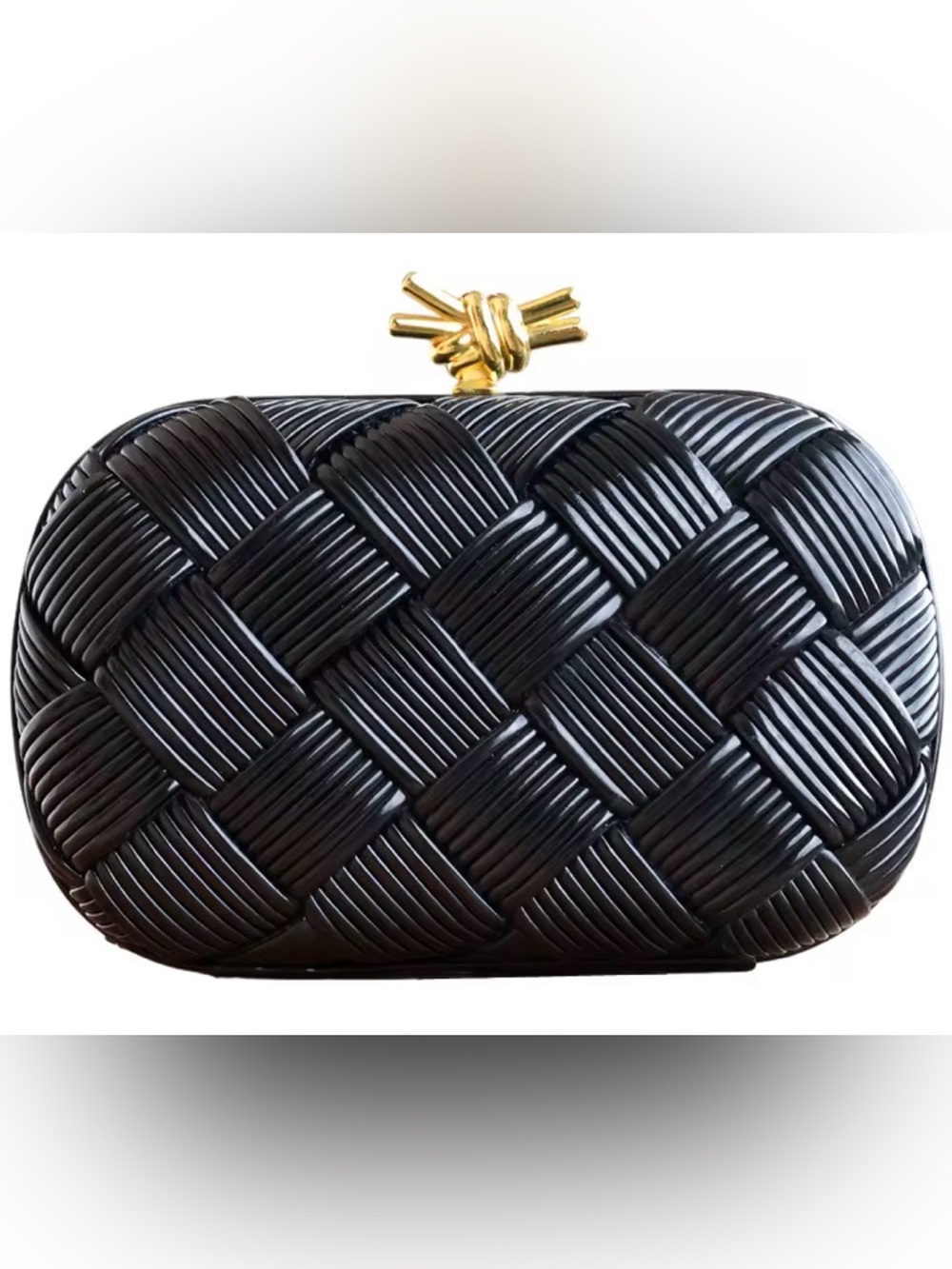 Woven Black Evening Clutch with Gold knot clasp. NWT